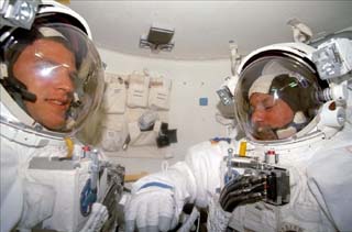 Parazynski and Titov in their extravehicular mobility units (EMU) 